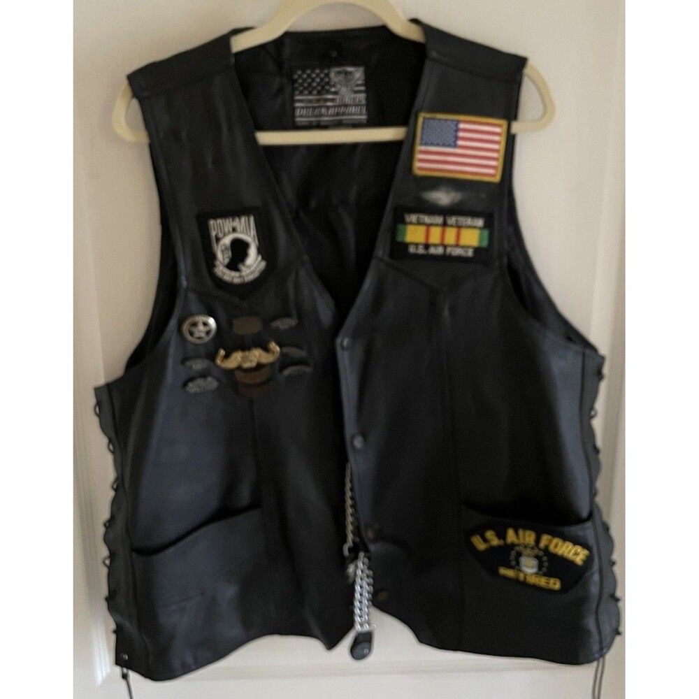 Men’s Leather Vest POW Patch, Pins USAF Extenders Size 50